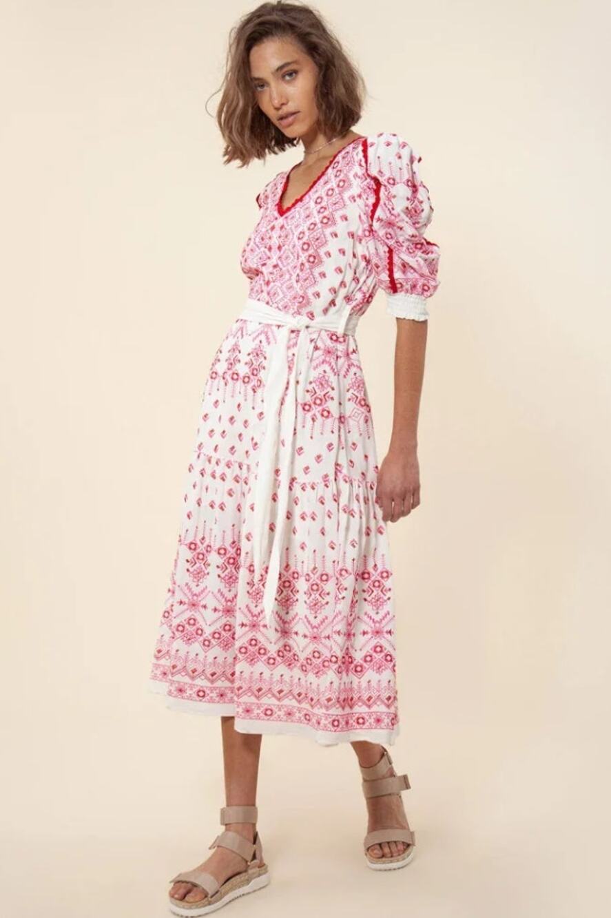 Hale Bob LOGAN Embroidered Puff Sleeve Belted Midi Dress Pink White S NWT $408